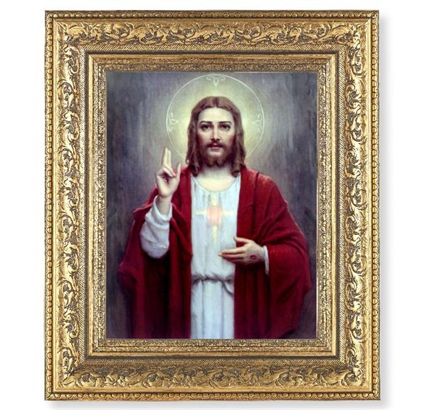Sacred Heart of Jesus Picture, 12-1/2"x14-1/2, Antique Gold Leaf Carvings Ornate Frame, Italian Print Under Glass # 25439
