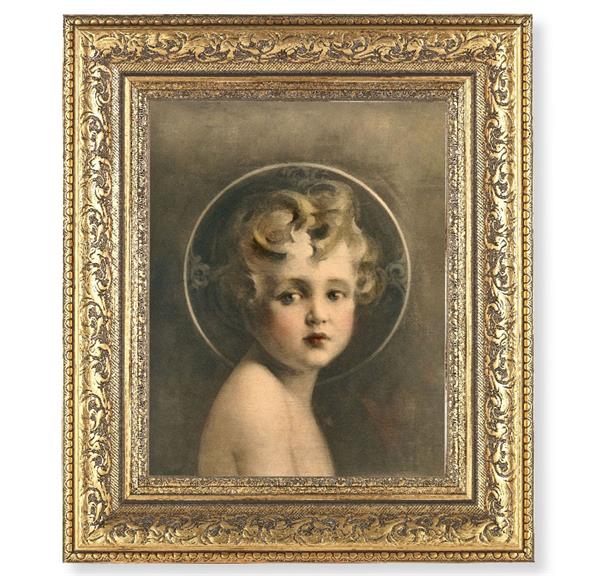 Light of The World Picture, 12-1/2"x14-1/2, Antique Gold Leaf Carvings Ornate Frame, Italian Print Under Glass # 25440
