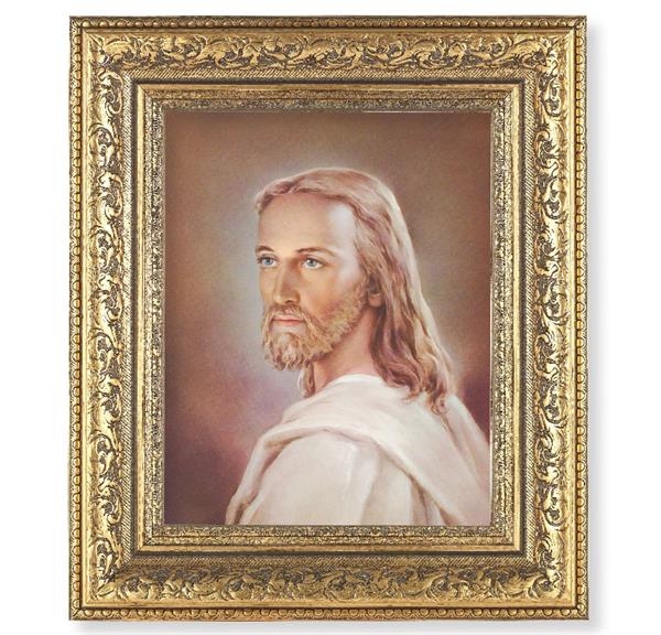 Head of Christ Picture, 12-1/2"x14-1/2, Antique Gold Leaf Carvings Ornate Frame, Italian Print Under Glass # 25441