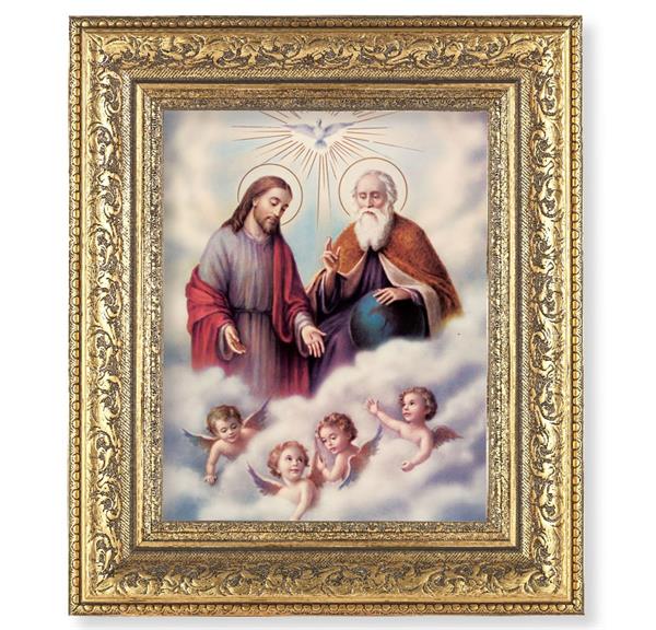 The Trinity Picture, 12-1/2"x14-1/2, Antique Gold Leaf Carvings Ornate Frame, Italian Print Under Glass # 25442