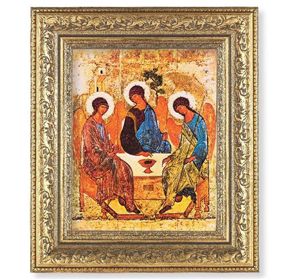 The Holy Trinity Picture, 12-1/2"x14-1/2, Antique Gold Leaf Carvings Ornate Frame, Italian Print Under Glass # 25443