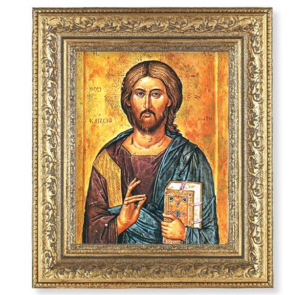 Christ The Teacher Picture, 12-1/2"x14-1/2, Antique Gold Leaf Carvings Ornate Frame, Italian Print Under Glass # 25444