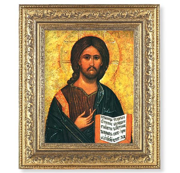 Christ All Knowing Picture, 12-1/2"x14-1/2, Antique Gold Leaf Carvings Ornate Frame, Italian Print Under Glass # 25445