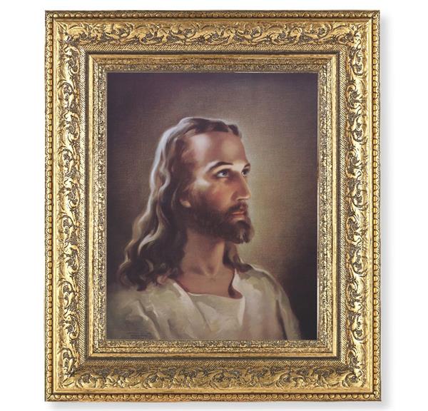 Head of Christ Picture, 12-1/2"x14-1/2, Antique Gold Leaf Carvings Ornate Frame, Italian Print Under Glass # 25446