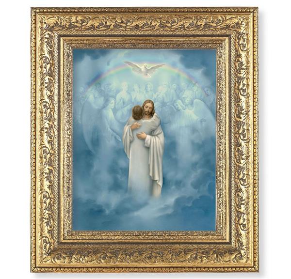 Christ Welcoming Home Picture, 12-1/2"x14-1/2, Antique Gold Leaf Carvings Ornate Frame, Italian Print Under Glass # 25447