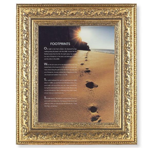 Footprints Picture, 12-1/2"x14-1/2, Antique Gold Leaf Carvings Ornate Frame, Italian Print Under Glass # 25449