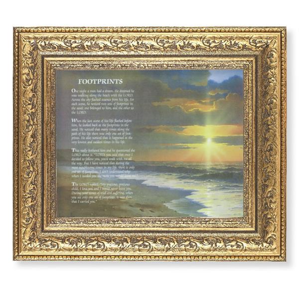 Footprints Picture, 12-1/2"x14-1/2, Antique Gold Leaf Carvings Ornate Frame, Italian Print Under Glass # 25450
