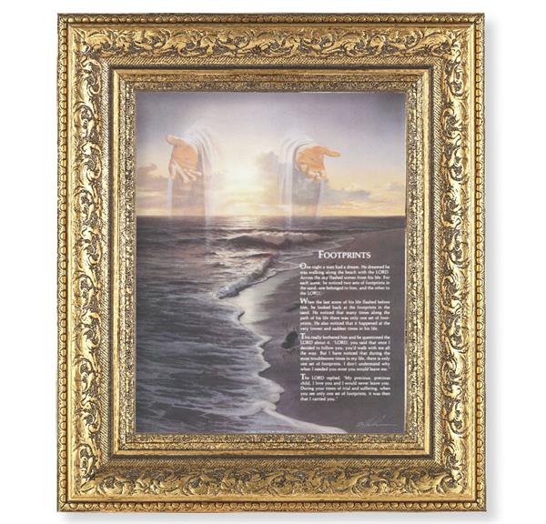 Footprints Picture, 12-1/2"x14-1/2, Antique Gold Leaf Carvings Ornate Frame, Italian Print Under Glass # 25451