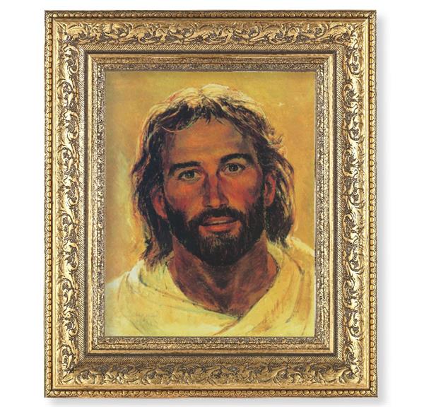 Head of Christ Picture, 12-1/2"x14-1/2, Antique Gold Leaf Carvings Ornate Frame, Italian Print Under Glass # 25452