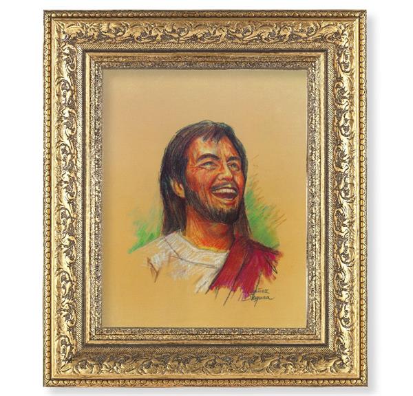 Laughing Jesus Picture, 12-1/2"x14-1/2, Antique Gold Leaf Carvings Ornate Frame, Italian Print Under Glass # 25453