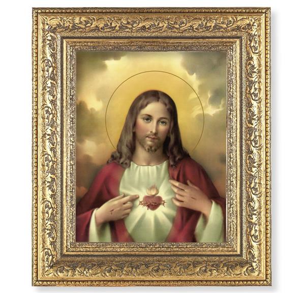 Sacred Heart of Jesus Picture, 12-1/2"x14-1/2, Antique Gold Leaf Carvings Ornate Frame, Italian Print Under Glass # 25454