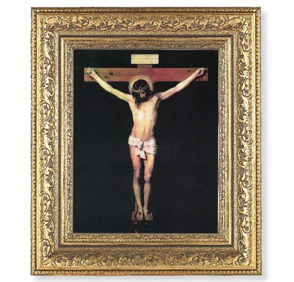 Crucufixion Picture, 12-1/2"x14-1/2, Antique Gold Leaf Carvings Ornate Frame, Italian Print Under Glass # 25455