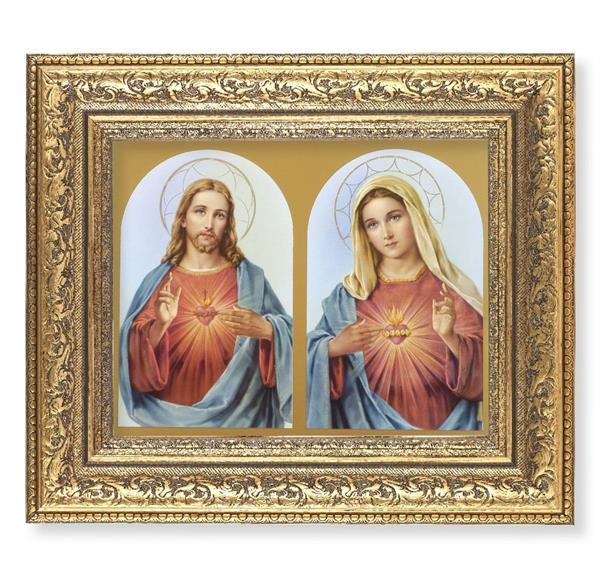The Sacred Hearts Picture, 12-1/2"x14-1/2, Antique Gold Leaf Carvings Ornate Frame, Italian Print Under Glass # 25457
