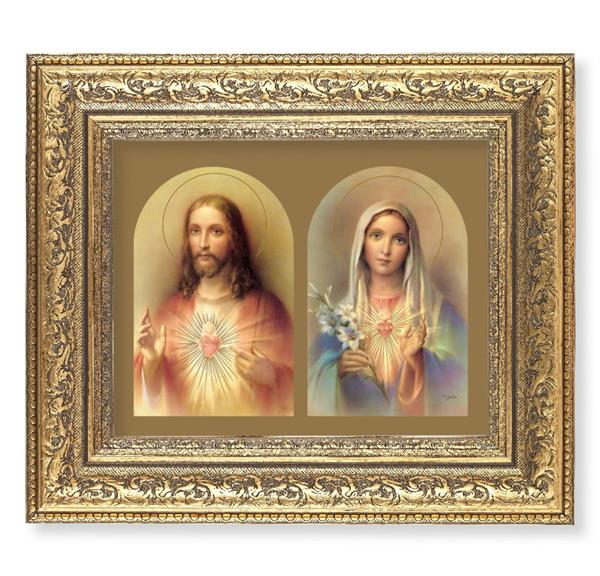 The Sacred Hearts Picture, 12-1/2"x14-1/2, Antique Gold Leaf Carvings Ornate Frame, Italian Print Under Glass # 25458