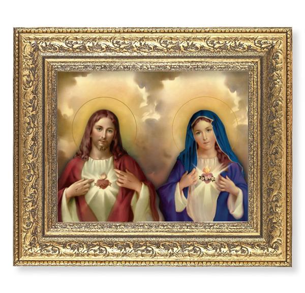 The Sacred Hearts Picture, 12-1/2"x14-1/2, Antique Gold Leaf Carvings Ornate Frame, Italian Print Under Glass # 25459