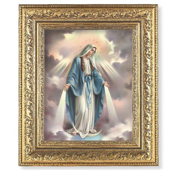 Our Lady of Grace Picture, 12-1/2"x14-1/2, Antique Gold Leaf Carvings Ornate Frame, Italian Print Under Glass # 25460