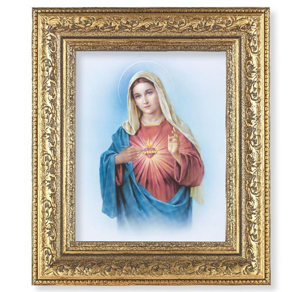 Immaculate Heart of Mary Picture, 12-1/2"x14-1/2, Antique Gold Leaf Carvings Ornate Frame, Italian Print Under Glass # 25461