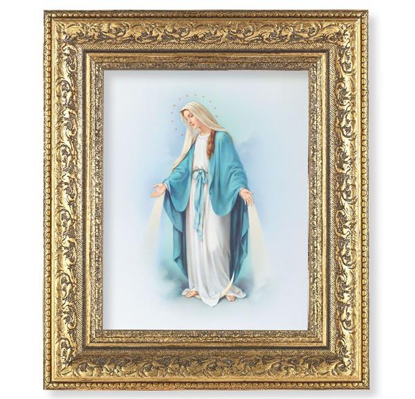 Our Lady of Grace Picture, 12-1/2"x14-1/2, Antique Gold Leaf Carvings Ornate Frame, Italian Print Under Glass # 25462