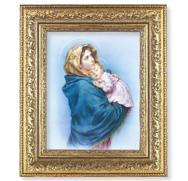 Madonna of The Street Picture, 12-1/2"x14-1/2, Antique Gold Leaf Carvings Ornate Frame, Italian Print Under Glass # 25463