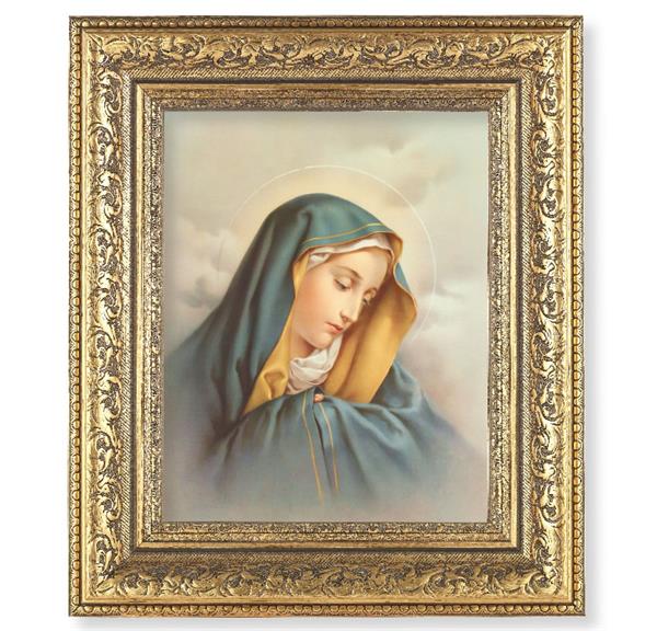 Our Lady of Sorrows Picture, 12-1/2"x14-1/2, Antique Gold Leaf Carvings Ornate Frame, Italian Print Under Glass # 25464