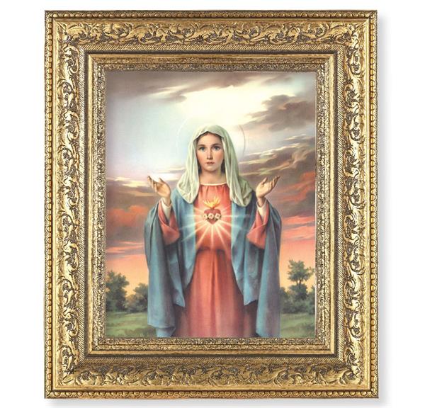 Immaculate Heart of Mary Picture, 12-1/2"x14-1/2, Antique Gold Leaf Carvings Ornate Frame, Italian Print Under Glass # 25465
