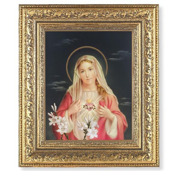 Immaculate Heart of Mary Picture, 12-1/2"x14-1/2, Antique Gold Leaf Carvings Ornate Frame, Italian Print Under Glass # 25466