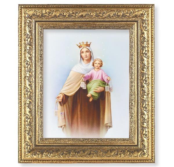 Our Lady of Mount Carmel Picture, 12-1/2"x14-1/2, Antique Gold Leaf Carvings Ornate Frame, Italian Print Under Glass # 25467