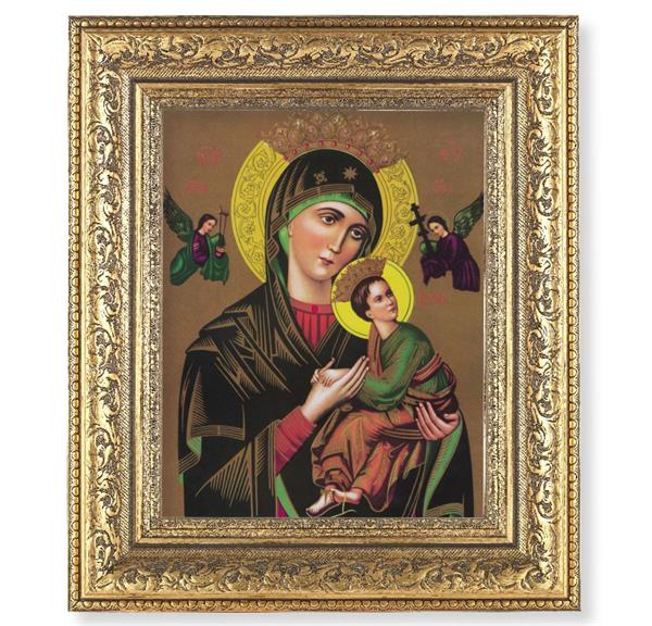 Our Lady of Perpetual Help Picture, 12-1/2"x14-1/2, Antique Gold Leaf Carvings Ornate Frame, Italian Print Under Glass # 25468