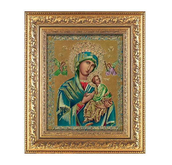 Our Lady of Perpetual Help Picture, 12-1/2"x14-1/2, Antique Gold Leaf Carvings Ornate Frame, Italian Gold Stamped Print Under Glass # 25469