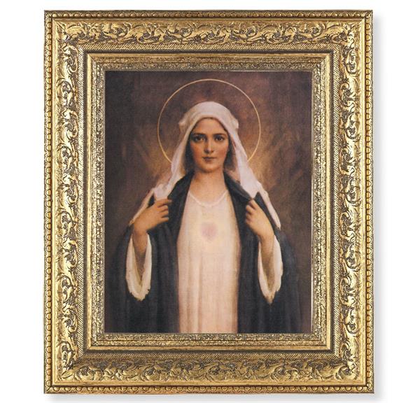 Immaculate Heart of Mary Picture, 12-1/2"x14-1/2, Antique Gold Leaf Carvings Ornate Frame, Italian Print Under Glass # 25470