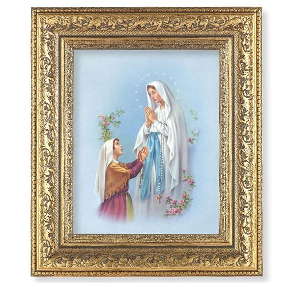 Our Lady of Lourdes Picture, 12-1/2"x14-1/2, Antique Gold Leaf Carvings Ornate Frame, Italian Print Under Glass # 25471
