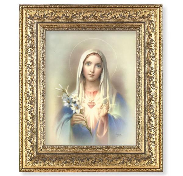 Immaculate Heart of Mary Picture, 12-1/2"x14-1/2, Antique Gold Leaf Carvings Ornate Frame, Italian Print Under Glass # 25472