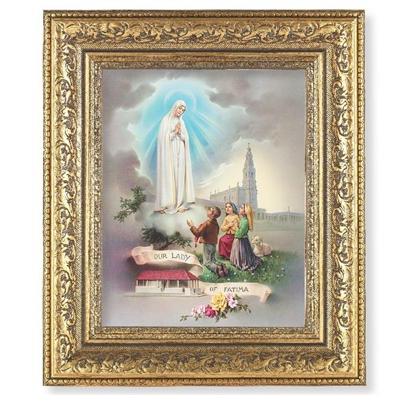 Our Lady of Fatima Picture, 12-1/2"x14-1/2, Antique Gold Leaf Carvings Ornate Frame, Italian Print Under Glass # 25473