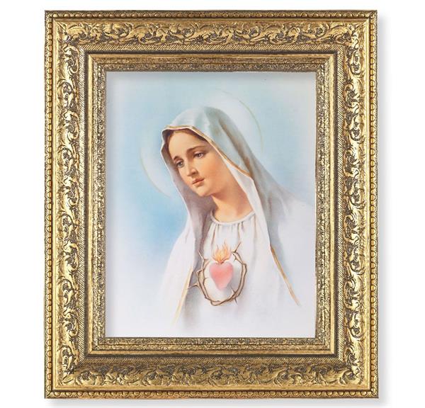 Immaculate Heart of Mary Picture, 12-1/2"x14-1/2, Antique Gold Leaf Carvings Ornate Frame, Italian Print Under Glass # 25474