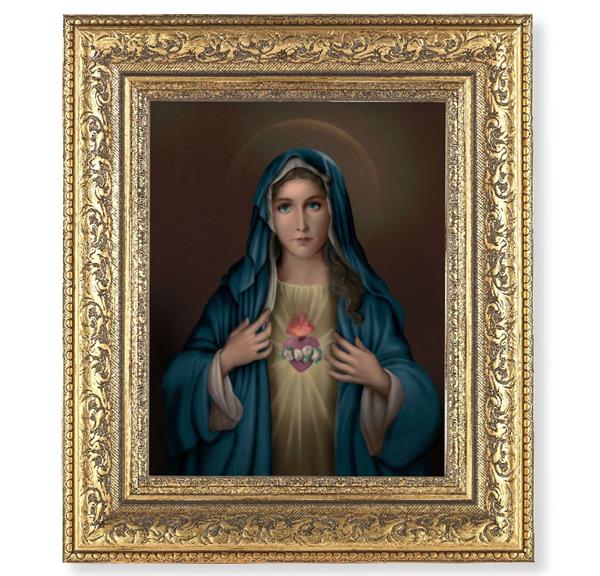 Immaculate Heart of Mary Picture, 12-1/2"x14-1/2, Antique Gold Leaf Carvings Ornate Frame, Italian Print Under Glass # 25475