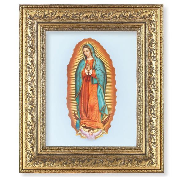 Our Lady of Guadalupe Picture, 12-1/2"x14-1/2, Antique Gold Leaf Carvings Ornate Frame, Italian Print Under Glass # 25476