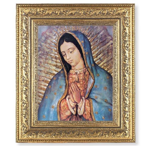 Our Lady of Guadalupe Picture, 12-1/2"x14-1/2, Antique Gold Leaf Carvings Ornate Frame, Italian Print Under Glass # 25477