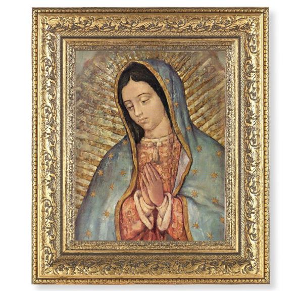 Our Lady of Guadalupe Picture, 12-1/2"x14-1/2, Antique Gold Leaf Carvings Ornate Frame, Italian Gold Stamped Print Under Glass # 25478