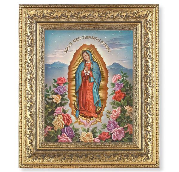 Our Lady of Guadalupe Picture, 12-1/2"x14-1/2, Antique Gold Leaf Carvings Ornate Frame, Italian Print Under Glass # 25479