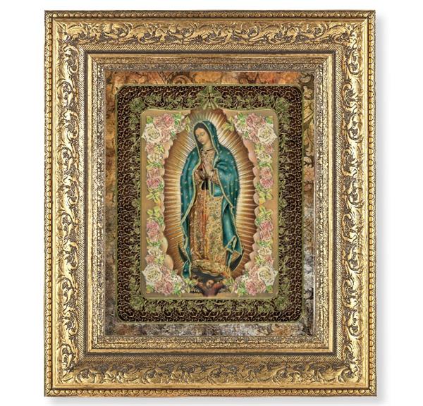 Our Lady of Guadalupe Picture, 12-1/2"x14-1/2, Antique Gold Leaf Carvings Ornate Frame, Italian Gold Stamped Print Under Glass # 25480