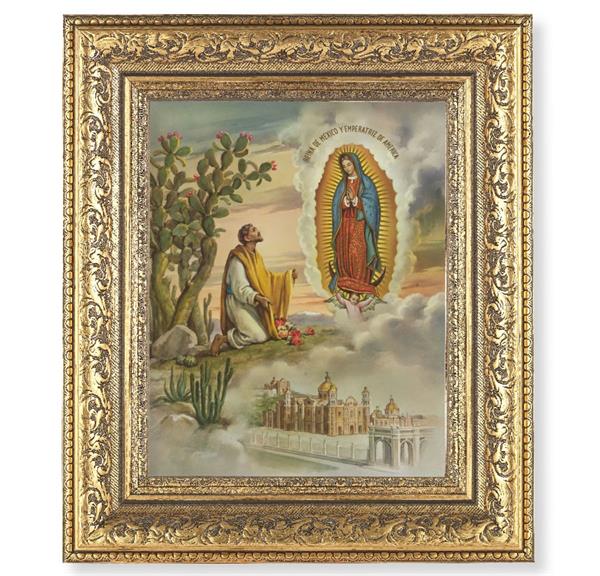 Juan Diego with OL Guadalupe Picture, 12-1/2"x14-1/2, Antique Gold Leaf Carvings Ornate Frame, Italian Print Under Glass # 25481