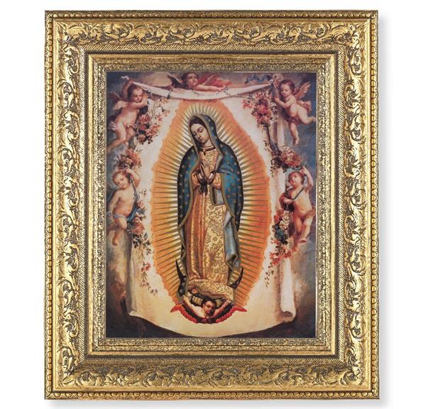 Our Lady of Guadalupe with Angels Picture, 12-1/2"x14-1/2, Antique Gold Leaf Carvings Ornate Frame, Italian Print Under Glass # 25482