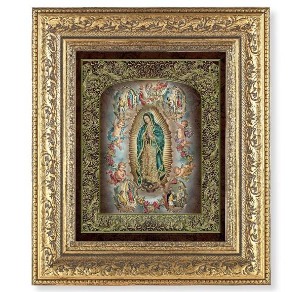 Our Lady of Guadalupe Picture, 12-1/2"x14-1/2, Antique Gold Leaf Carvings Ornate Frame, Italian Gold Stamped Print Under Glass # 25483