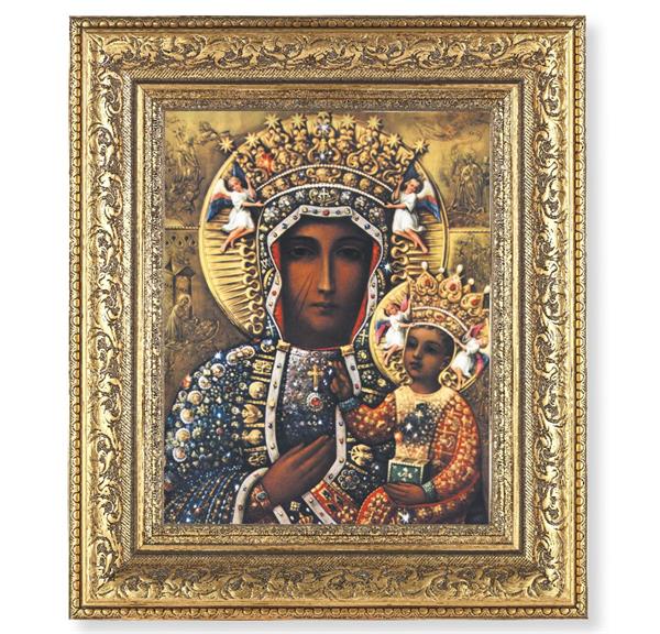 Our Lady of Czestochowa Picture, 12-1/2"x14-1/2, Antique Gold Leaf Carvings Ornate Frame, Italian Print Under Glass # 25484