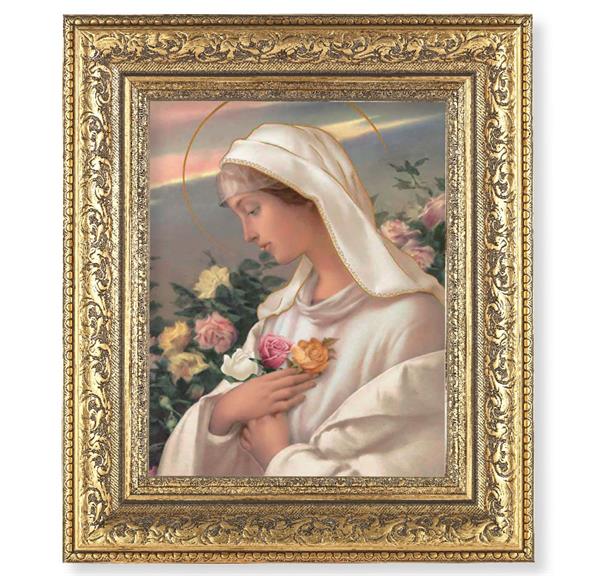 Mystical Rose Picture, 12-1/2"x14-1/2, Antique Gold Leaf Carvings Ornate Frame, Italian Print Under Glass # 25485