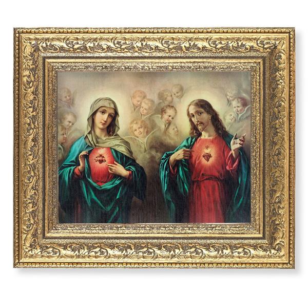 The Sacred Hearts Picture, 12-1/2"x14-1/2, Antique Gold Leaf Carvings Ornate Frame, Italian Print Under Glass # 25486