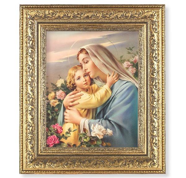 Madonna and Child Picture, 12-1/2"x14-1/2, Antique Gold Leaf Carvings Ornate Frame, Italian Print Under Glass # 25487