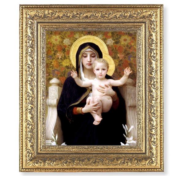 Madonna of The Lilies Picture, 12-1/2"x14-1/2, Antique Gold Leaf Carvings Ornate Frame, Italian Print Under Glass # 25488