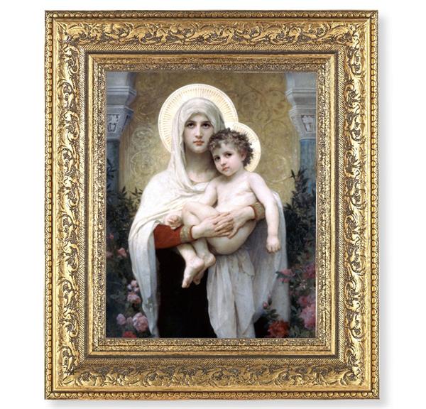 Madonna and Child Picture, 12-1/2"x14-1/2, Antique Gold Leaf Carvings Ornate Frame, Italian Print Under Glass # 25489