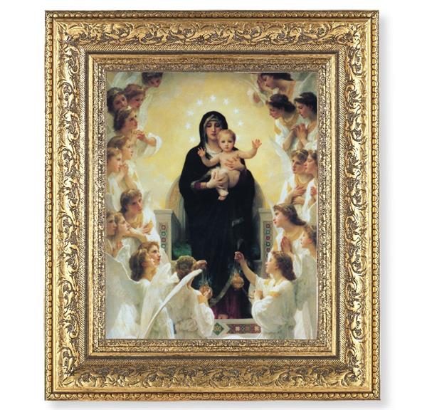 Queen of Angels Picture, 12-1/2"x14-1/2, Antique Gold Leaf Carvings Ornate Frame, Italian Print Under Glass # 25490